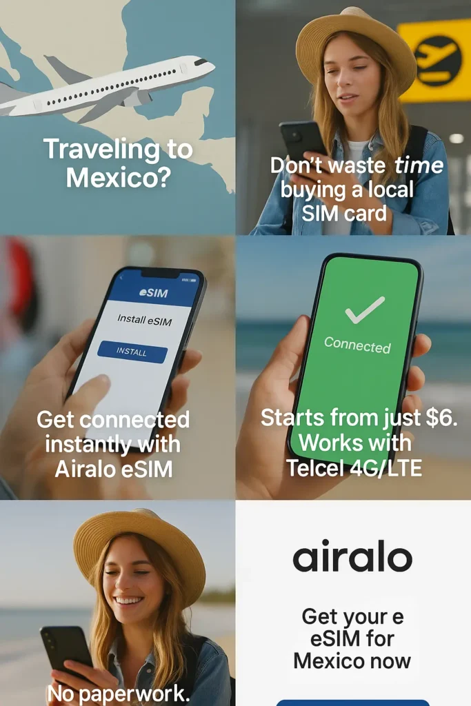 Traveler holding smartphone with Airalo app activated, showing “Connected” message