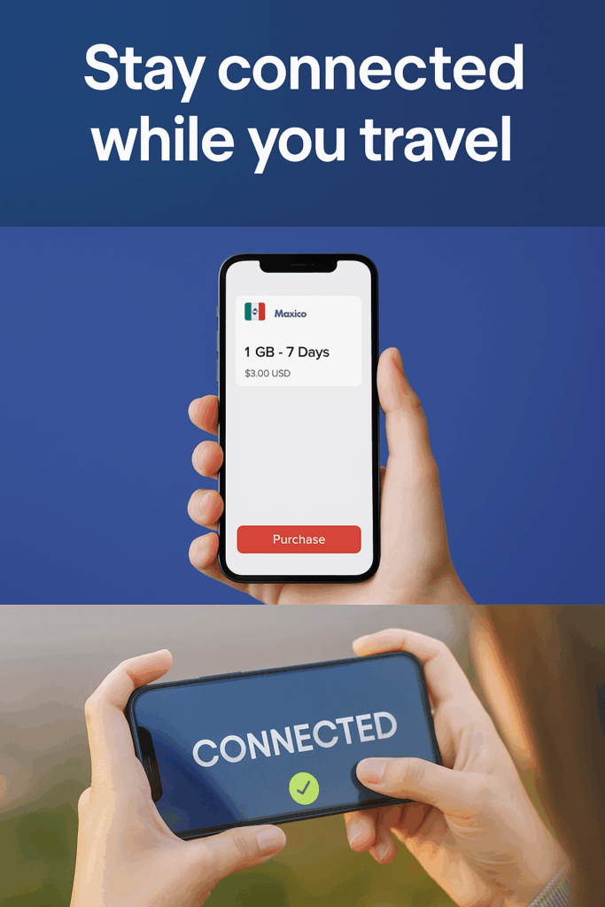 Airalo eSIM for Mexico. with 1GB, 7-day plan; second phone says "CONNECTED.
