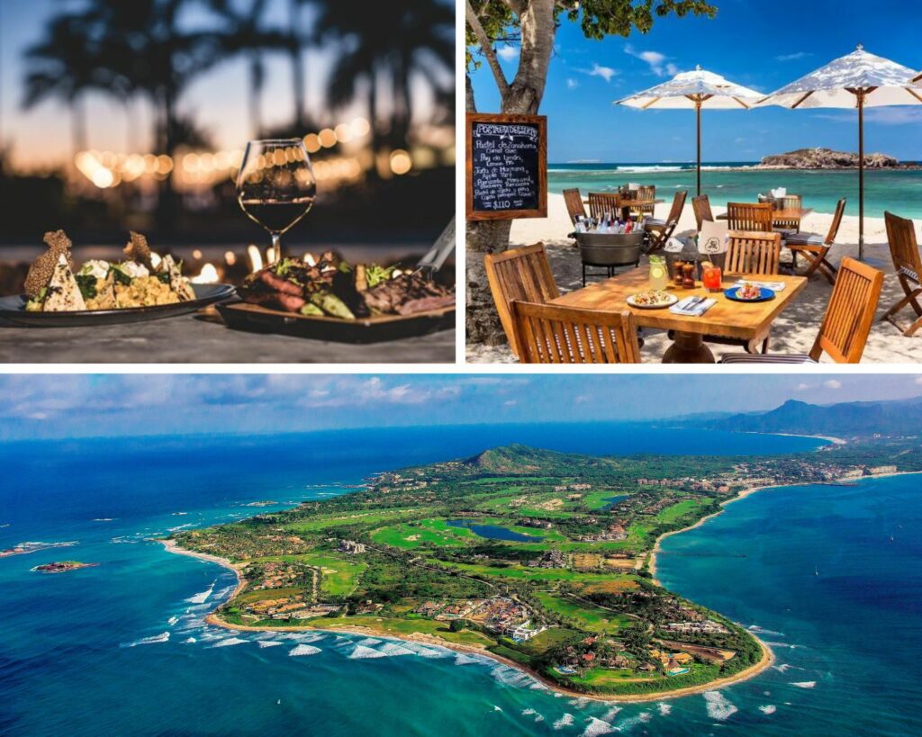 A picturesque collage featuring a beachside restaurant in Punta Mita, an aerial view of the stunning Punta Mita peninsula, and a romantically set dinner table under the stars.