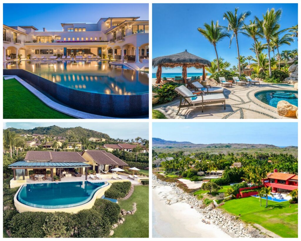 Images showcasing two luxurious villas in Cabo displayed above two extravagant villas in Punta Mita.