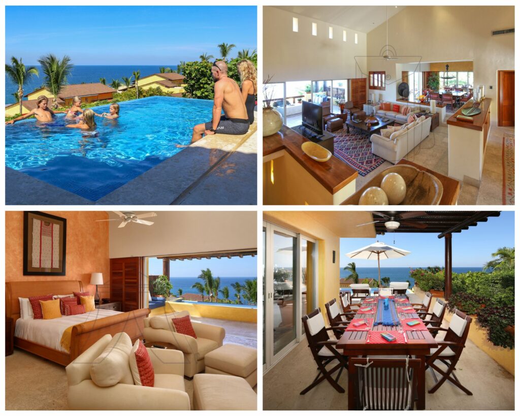 Image collage of a family in a pool, bedroom, dining terrace, and living room at Four Seasons Punta Mita Villas