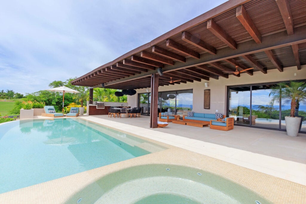 Villa Alegria del Mar pool and round spa beside the shaded terrace and garden — Punta Mita Nayarit, Mexico