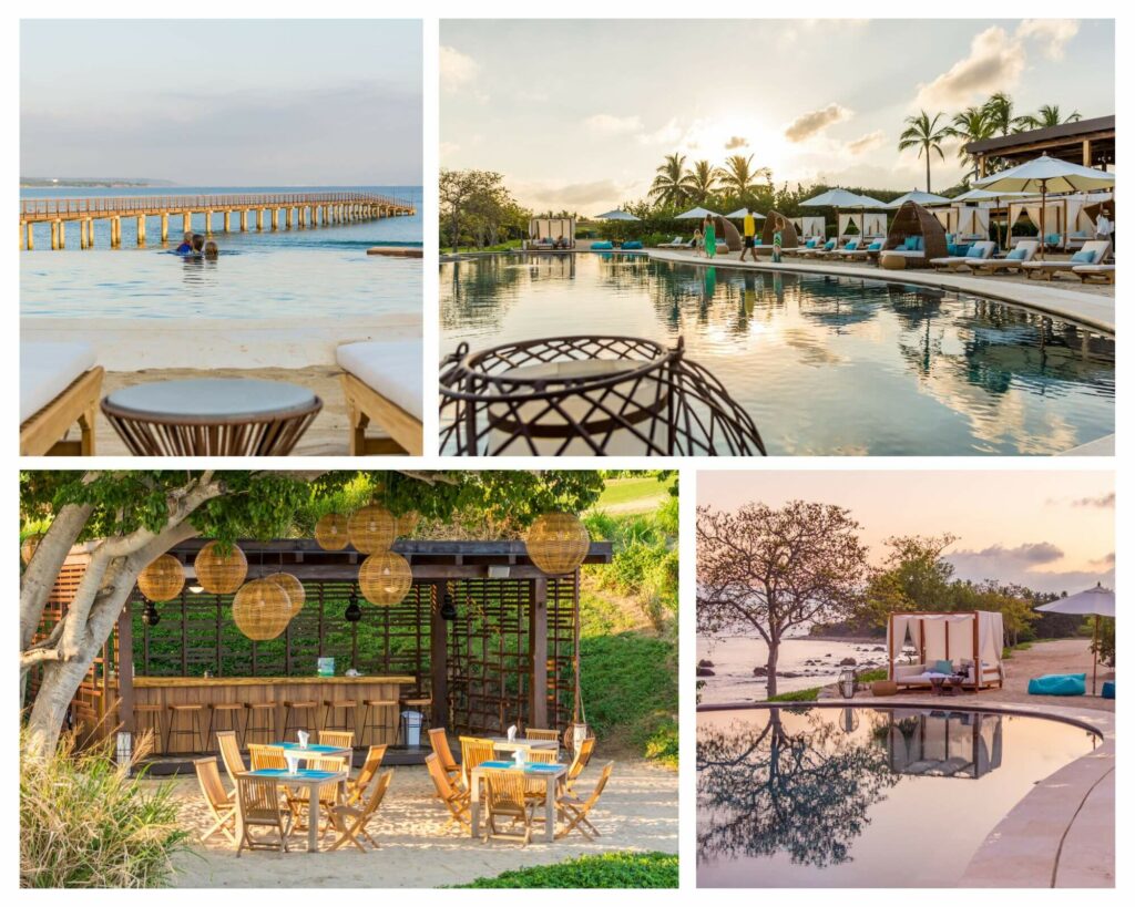 Collage of Sufi Beach Club, Punta Mita showcasing its serene beachfront, luxurious amenities, and vibrant social scenes.