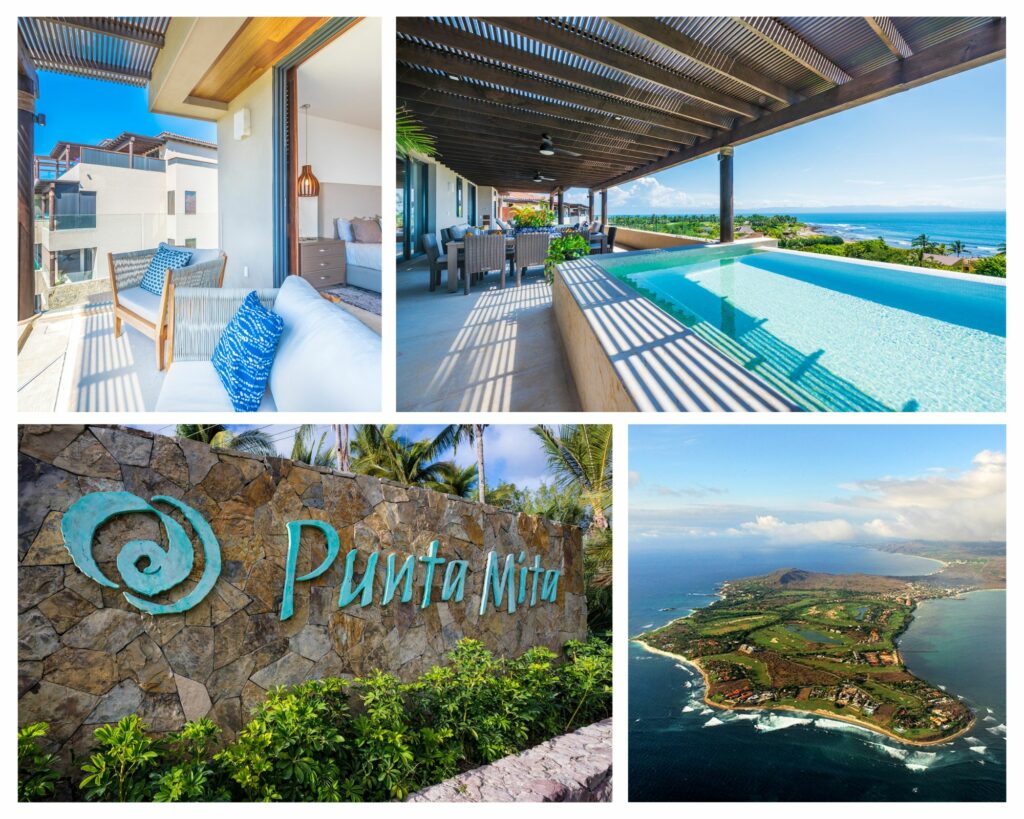 Collage of Tau Residences apartments, aerial view of Punta Mita, Punta Mita entrance logo, and a serene plunge pool at Tau Residence.