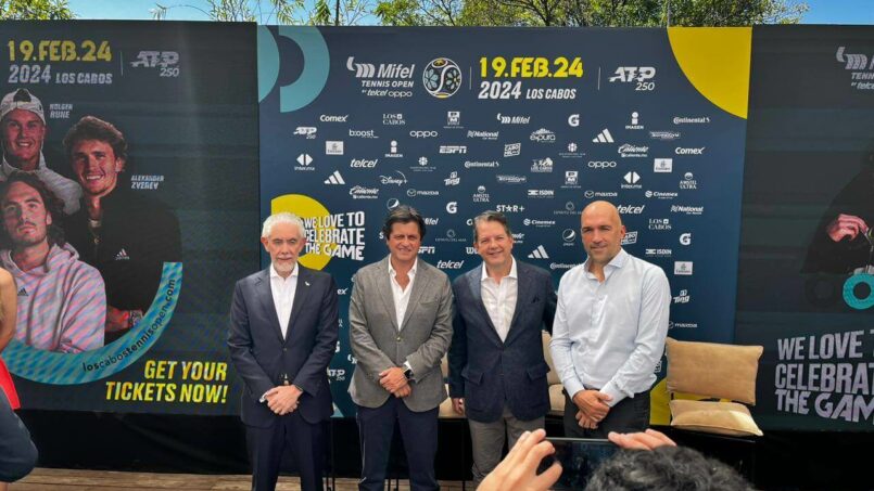 Promotional image for Los Cabos Tennis Open 2024 featuring the confirmed Top 10 ATP players: Holger Rune, Stefanos Tsitsipas, Casper Ruud, and Alexander Zverev.