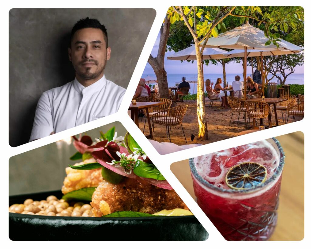 Collage featuring a chef portrait, a seaside dining area at dusk, a gourmet dish, and a refreshing cocktail.