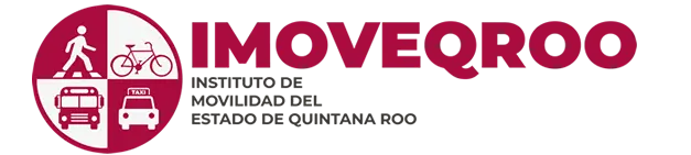 IMOVEQROO logo featuring icons of pedestrian, bicycle, bus, and taxi transportation options, representing the Quintana Roo Mobility Agency.