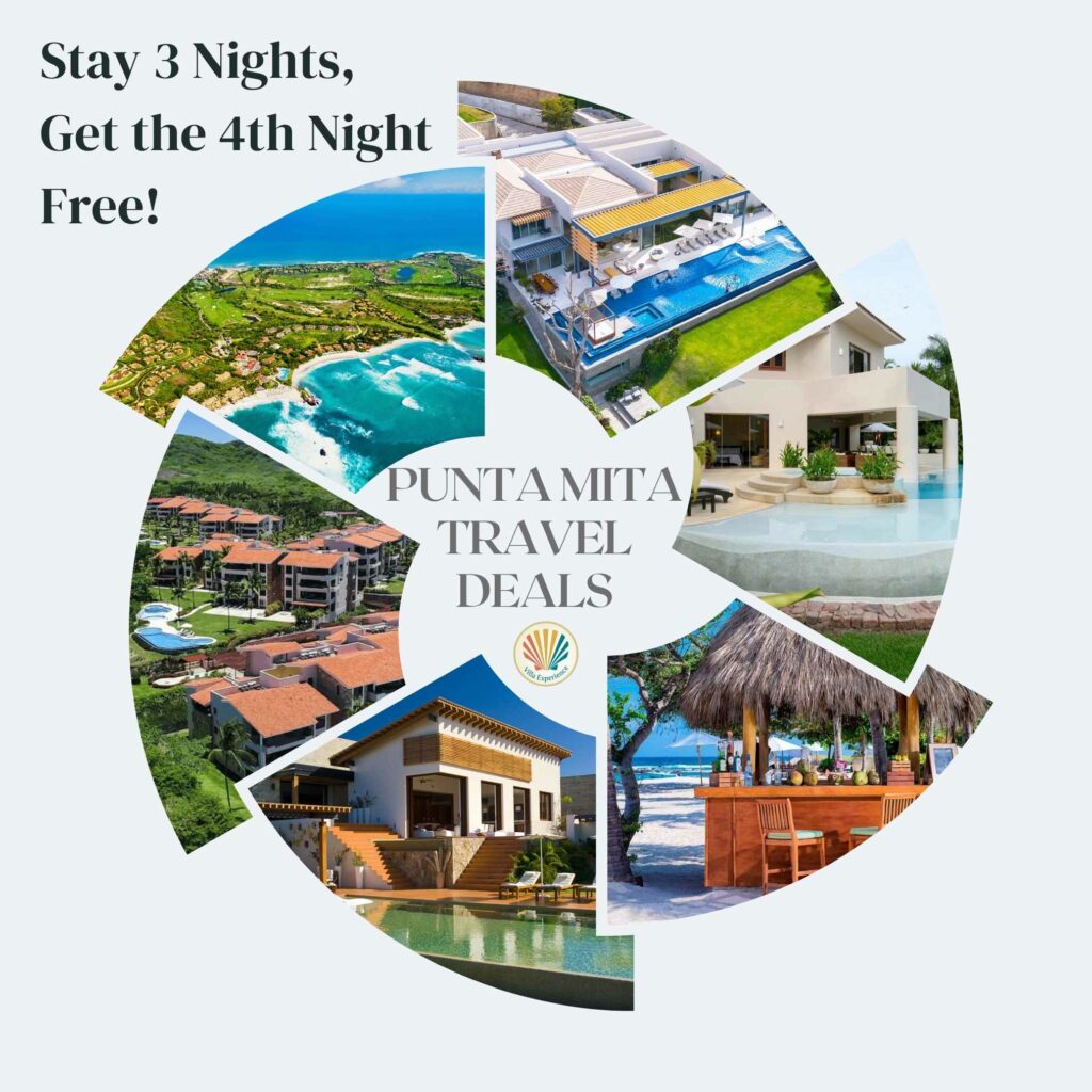 Promotional image for Punta Mita, Mexico: Stay 3 Nights, Get the 4th Night Free! Circular layout of luxury spots.