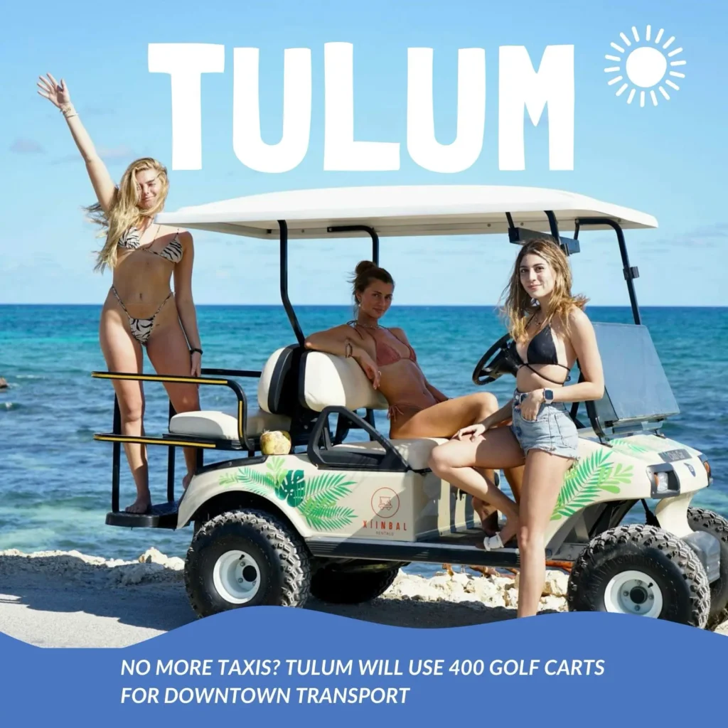 Three people on a golf cart by the beach in Tulum, promoting the switch from taxis to 400 eco-friendly golf carts for downtown transportation.