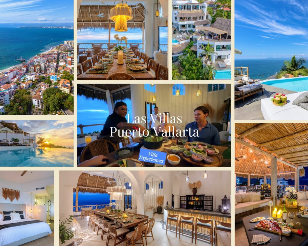 Collage of Las Villas in Puerto Vallarta, Mexico: beachfront views, infinity pool, and luxurious dining with ocean sunsets.