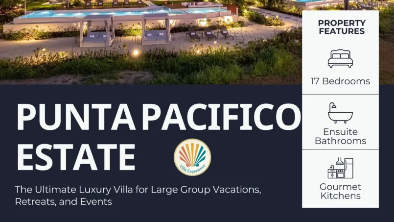 Punta Pacifico Estate in Punta Mita: 17 bedrooms, luxurious amenities, captivating exterior, pool, and elegant interiors.