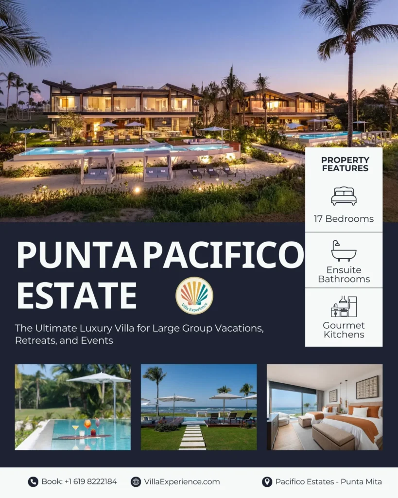 Punta Pacifico Estate in Punta Mita: 17 bedrooms, luxurious amenities, captivating exterior, pool, and elegant interiors.