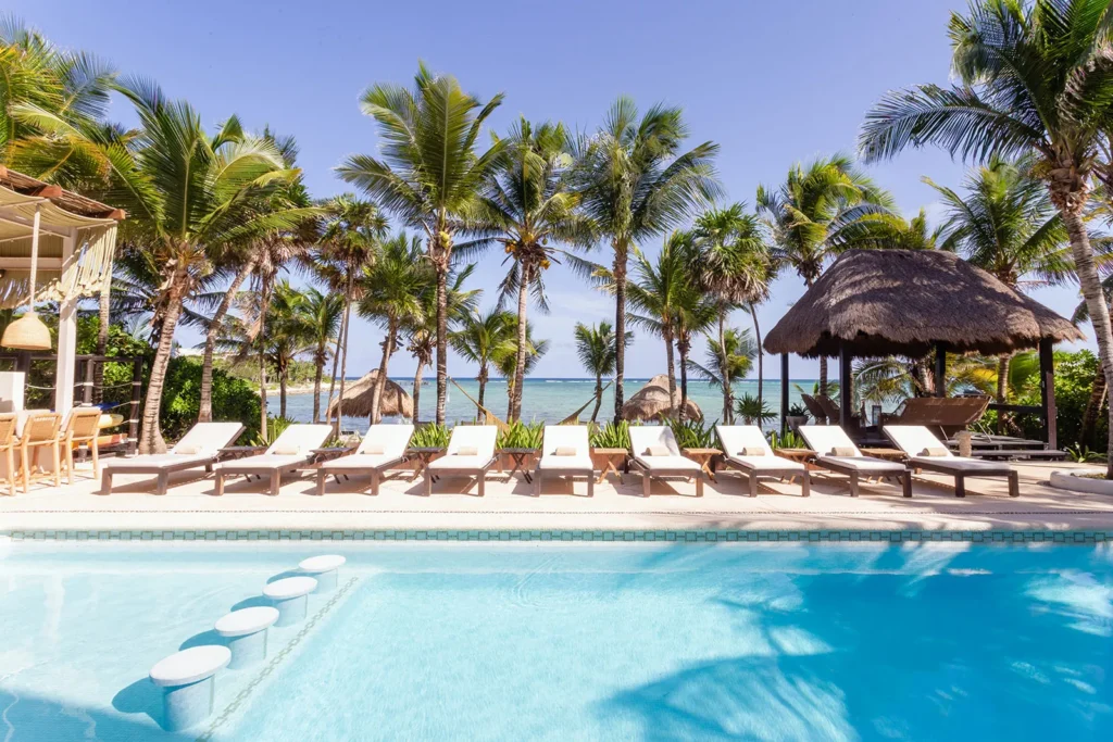 Swimming pool lined with white loungers beneath palms and a thatched shade shelter
