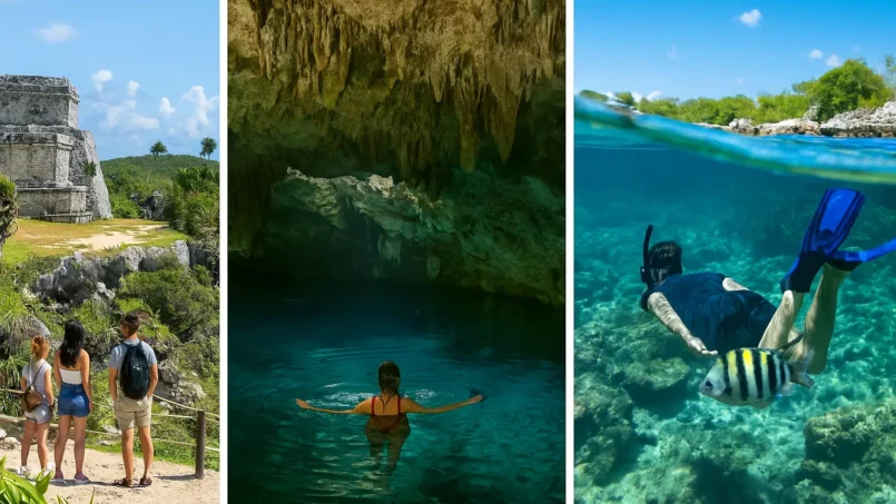 Combined view of Tulum Mayan ruins, sacred cenote, and Yalkú Lagoon