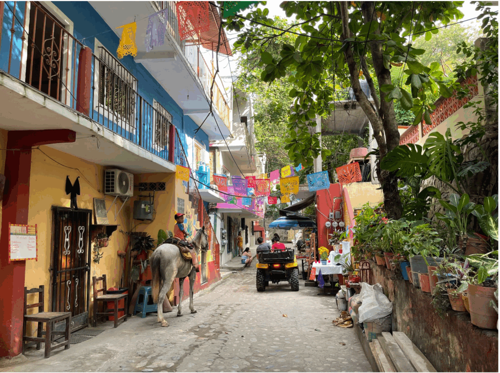 Santuario Yelapa Mexico Wellness & Yoga Retreat: Colorful street with papel picado, horse rider, ATV, and lively gathering.