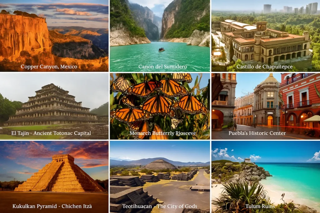 Collage of famous man-made tourist attractions in Mexico including Chichen Itza, Tulum Ruins, Teotihuacan, El Tajín, Chapultepec Castle, and more