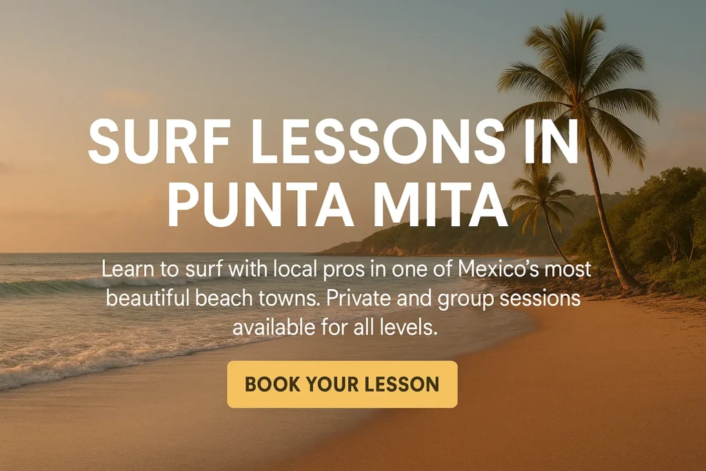 Punta Mita beach banner promoting surf lessons with palm trees and ocean at sunset