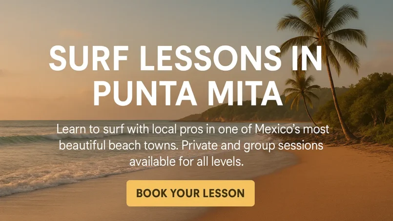Punta Mita beach banner promoting surf lessons with palm trees and ocean at sunset