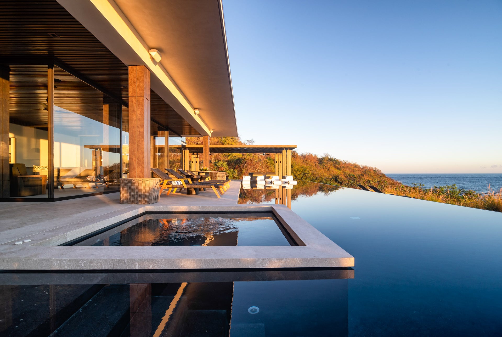 Casa Kupuri 32 the raised spa and infinity pool along the terrace at sunset — Punta Mita, Mexico