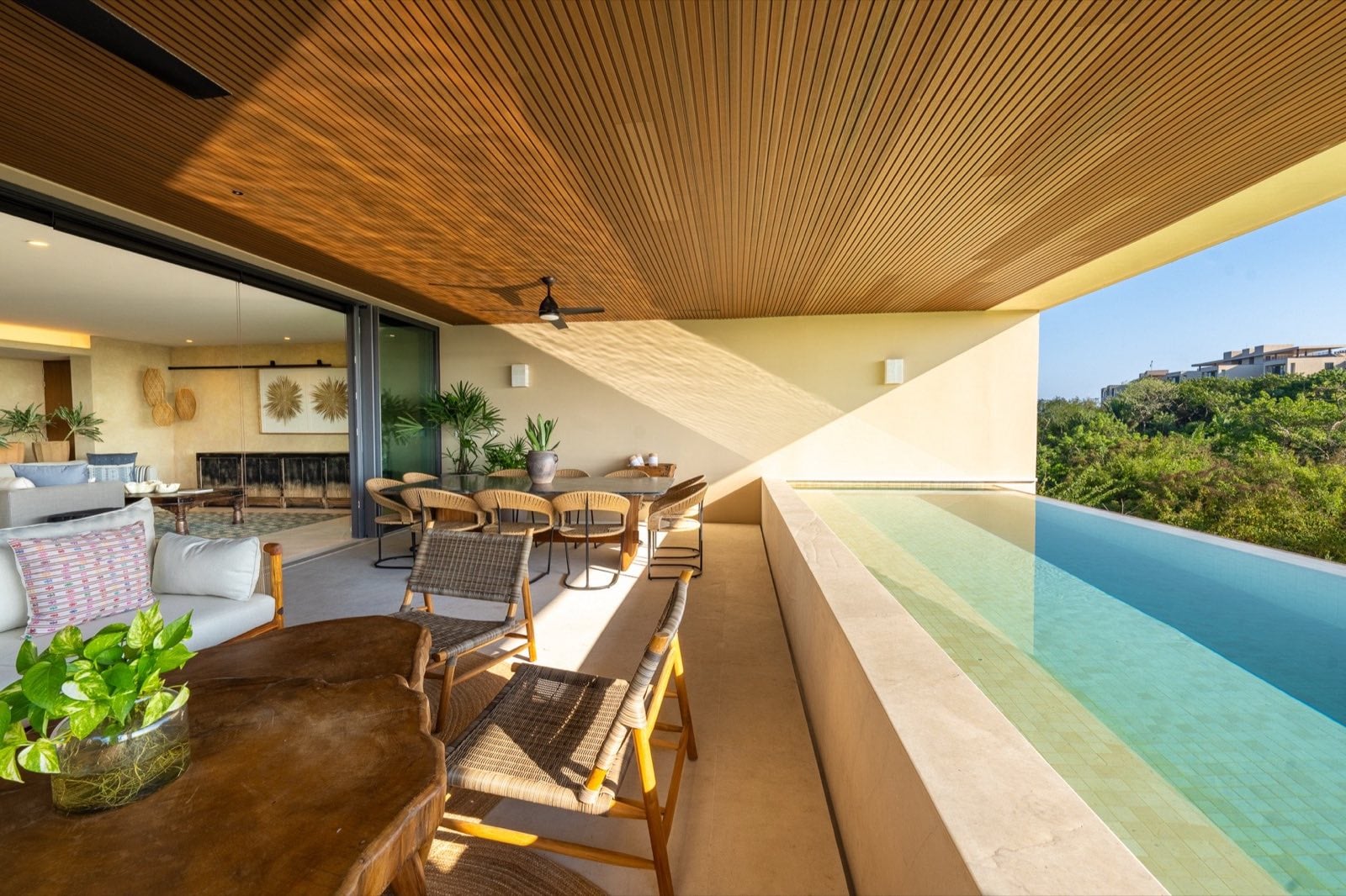 Surf Residences 211 covered terrace opening to the pool — Punta Mita Nayarit, Mexico