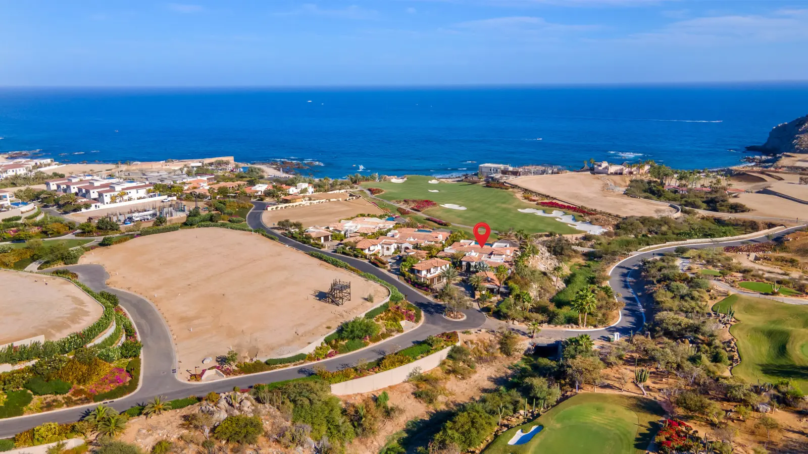 Casa Mar marked with a red map pin on the coast above the sea — Los Cabos, Mexico