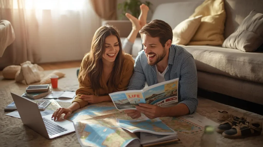 Couple reviewing a map and travel guide beside a laptop