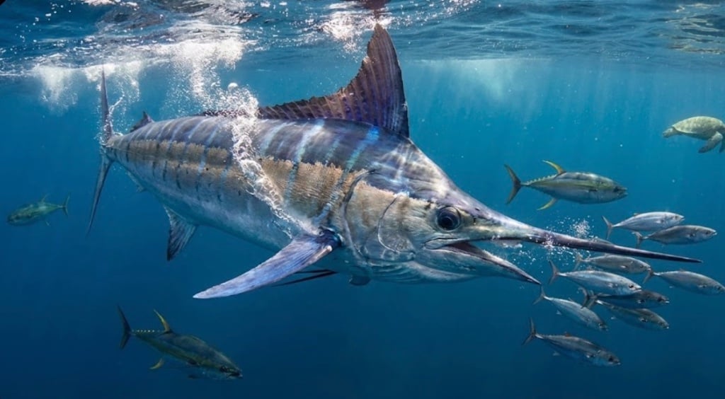 Deep sea sport fishing boat fighting a blue marlin off Cabo San Lucas in the Pacific Ocean