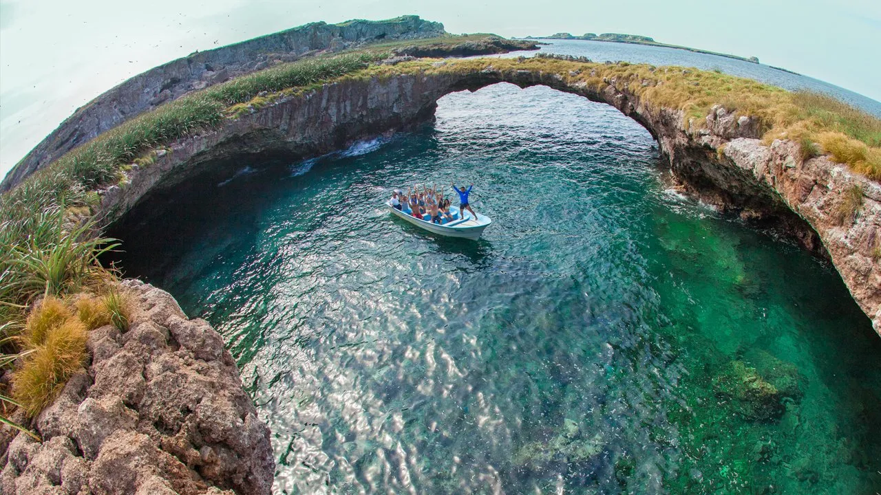 Hidden Beach inside collapsed volcanic crater Marietas Islands Playa del Amor near Punta Mita