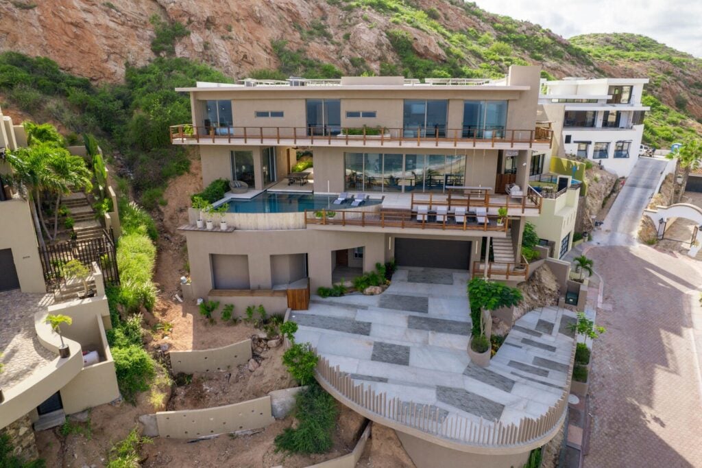 Villa Solara aerial view of the multi-level villa on the hillside — Los Cabos, Mexico